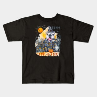 English bulldog Happy Howl-o-ween Ghost Houses Funny Watercolor Kids T-Shirt